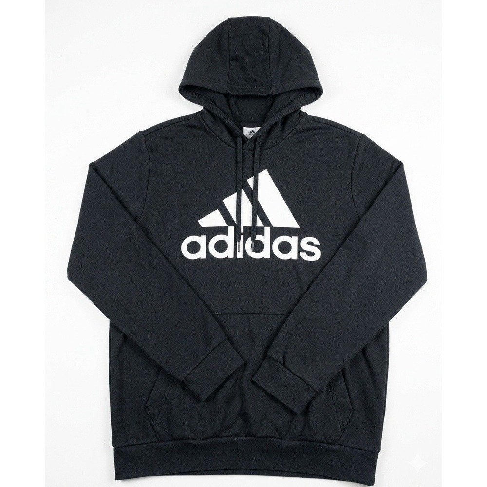 Adidas Mens Fleece Hoodie Black White Big Logo Pullover Sweatshirt Medium M